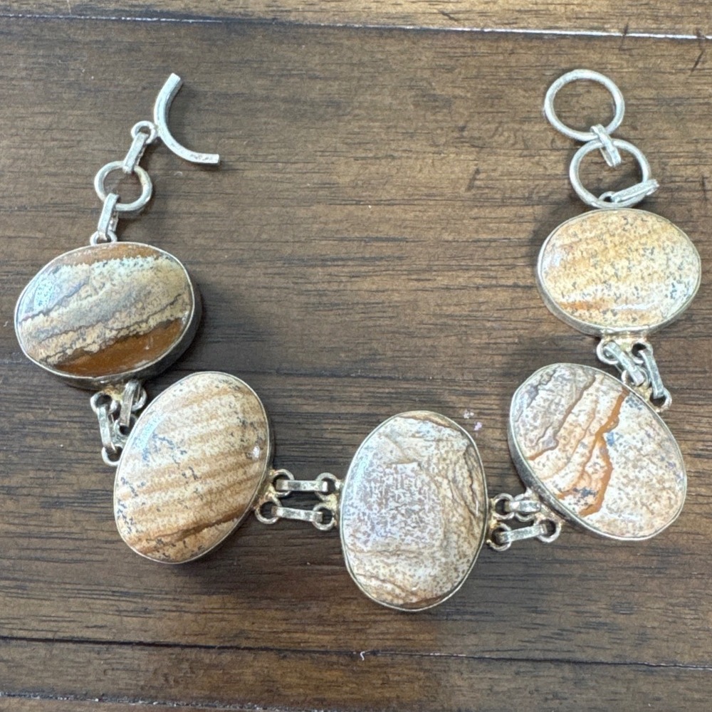 Picture Jasper Bracelet Women 925 Sterling Silver Oval Link Toggle Unsigned